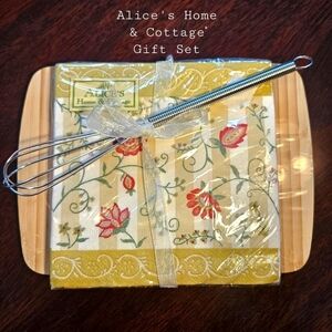Alice's Home & Cottage Gift Set Cutying Board Napkins Whisk NWT Price Firm